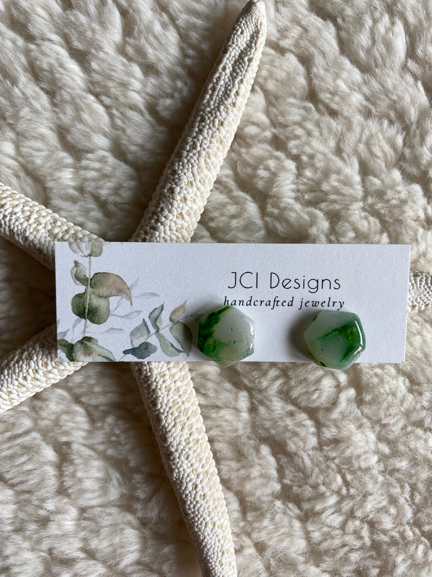 Green marble hexagon studs