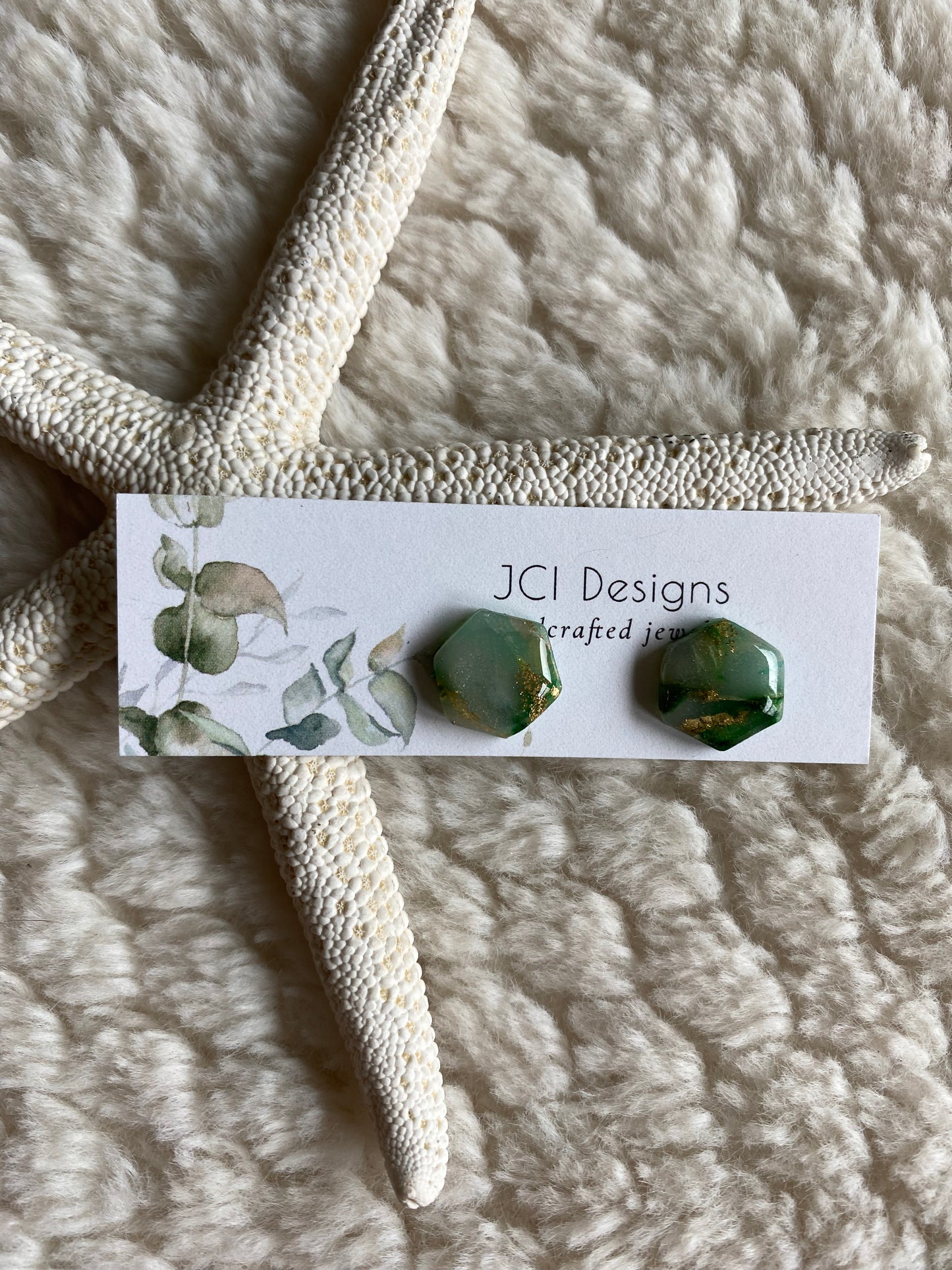 Green and gold hexagon studs
