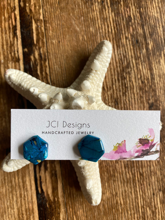 Peacock blue hexagon studs