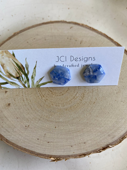 Hexagon studs in silver and blue