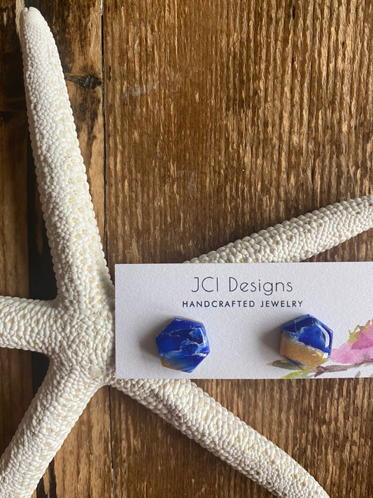 Blue and gold hexagon studs